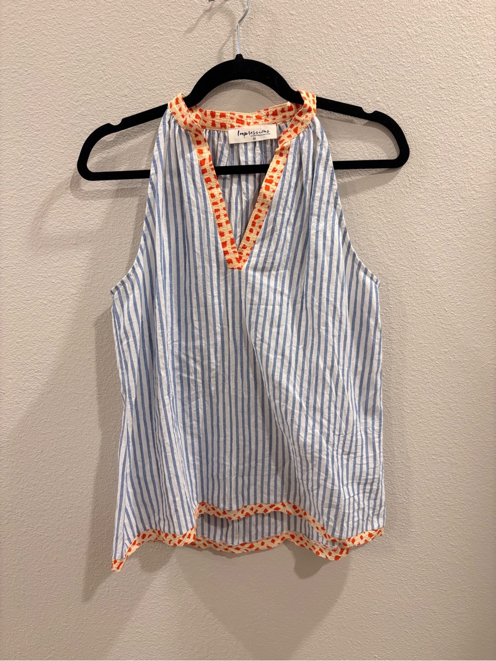 Impressions Blue & White Striped Halter Top with Orange Trim